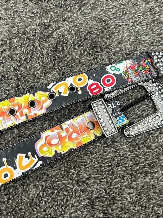 Y2K Style Black Abstract Print Rhinestone Belt - Picture 7 of 8